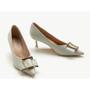 NEW C. Paravano Kitten Heel Pumps Grey 39 (8.5 US) Olivia with Metal‎ Buckle